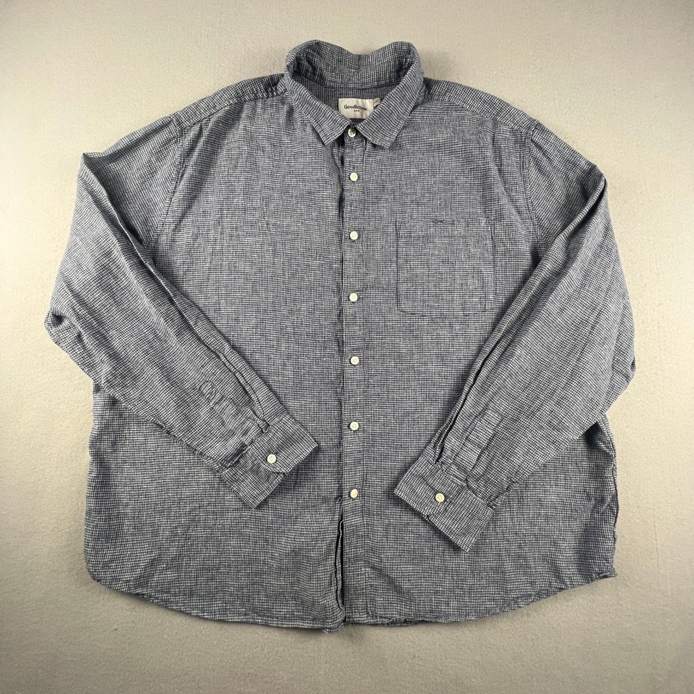 Linen Blend Button Down Shirt Mens XXL Blue Grid Rich Casual Classic